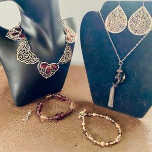 Intricate Filigree Smokey Quartz Necklace & Silver-tone & a Burgundy Accents Set